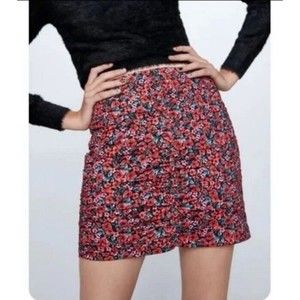 Zara Women's Floral Print Ruched Mini Skirt Size 5 Side Zip Stretch